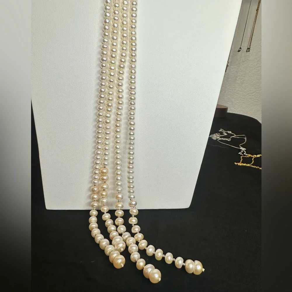 Multi-strand white cultured pearl lariat necklace with silver spacer beads, - Picture 6 of 7